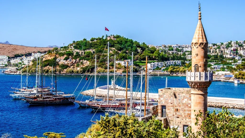 Traditional sailing ships moored in the bay of Bodrum below a hillside of white houses