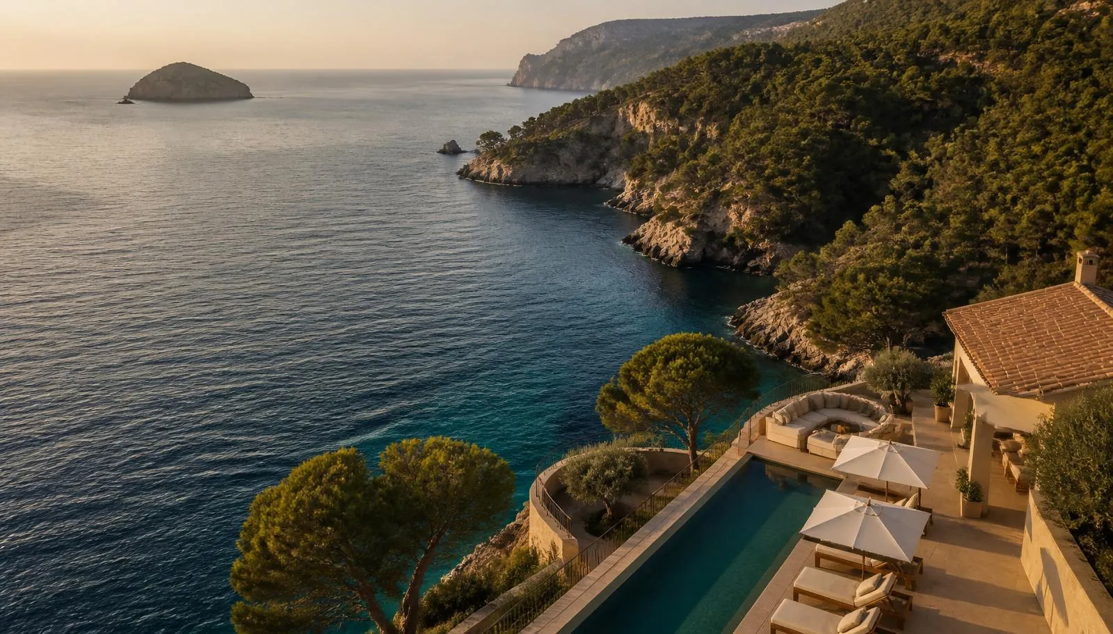 Secluded coastal resort terrace and pool above a Mediterranean bay at golden hour