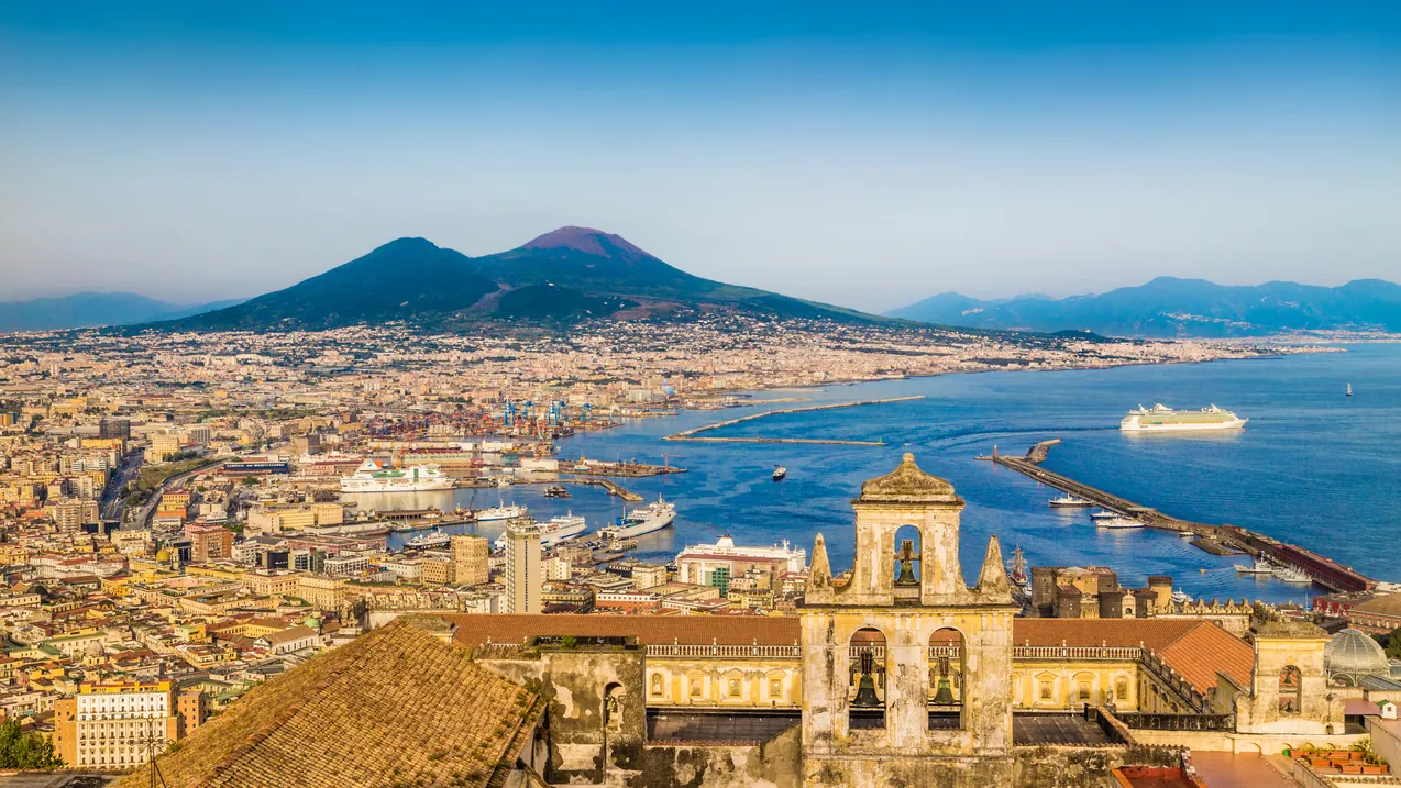 Panoramic view across Naples and the Bay of Naples towards Mount Vesuvius on a clear day