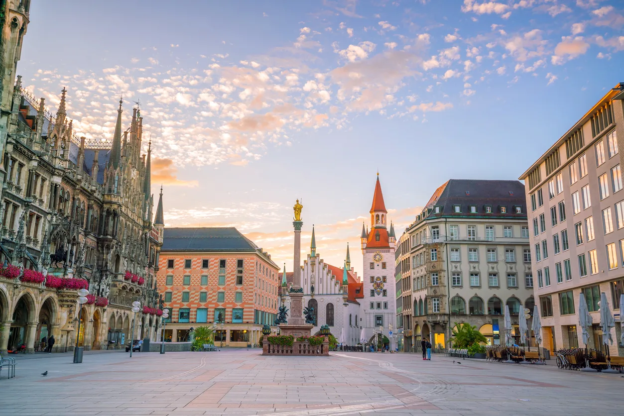 Marienplatz in Munich, with the Old Town Hall, the Marian column and historic façades