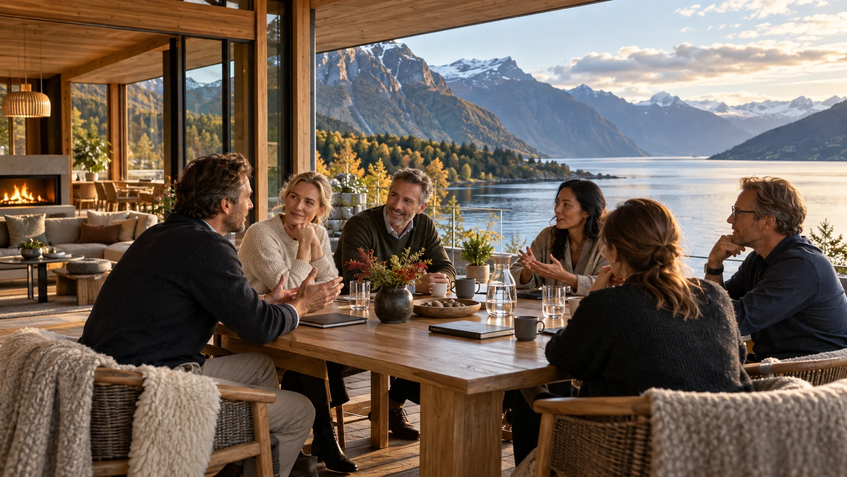 Six business retreat participants sharing a conversation around a wooden table in a lakeside lodge overlooking mountains