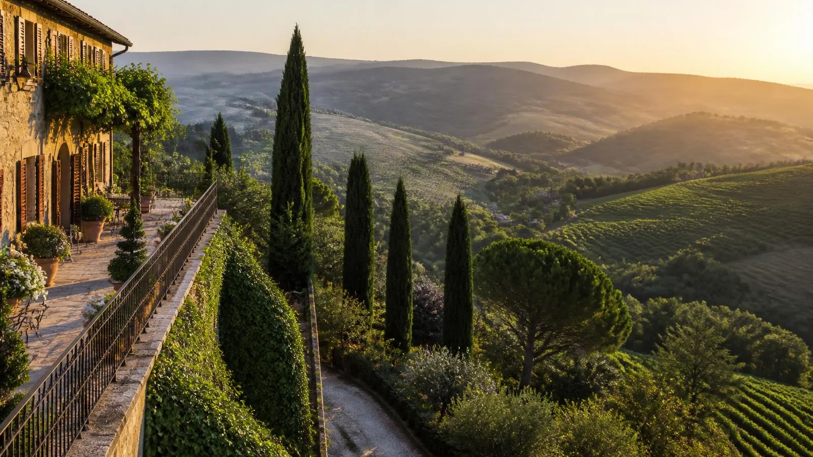 Tuscan villa terrace above vineyards and cypress-lined hills at sunset