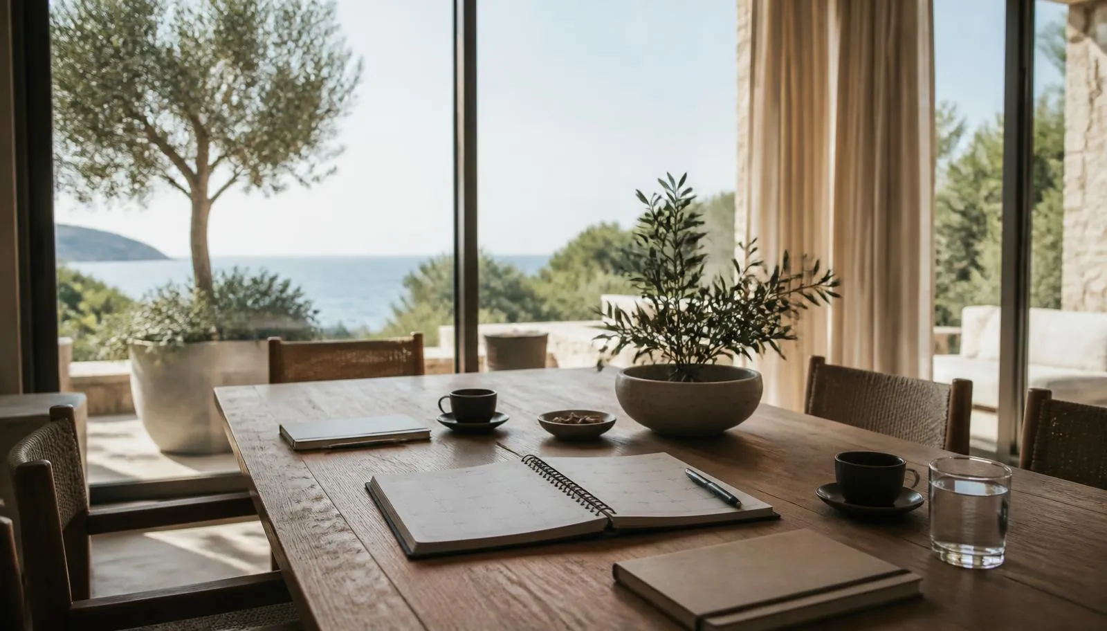 Planning calendar and notebooks on a villa table with a Mediterranean sea view