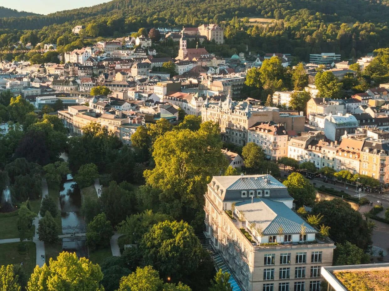 Baden-Baden’s historic town centre and spa gardens below the wooded hills of the Black Forest